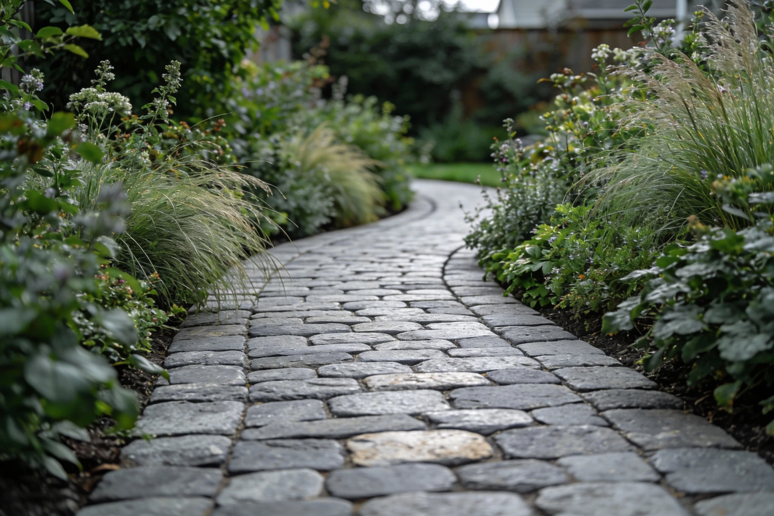 Curved stone path surrounded by lush garden plants
