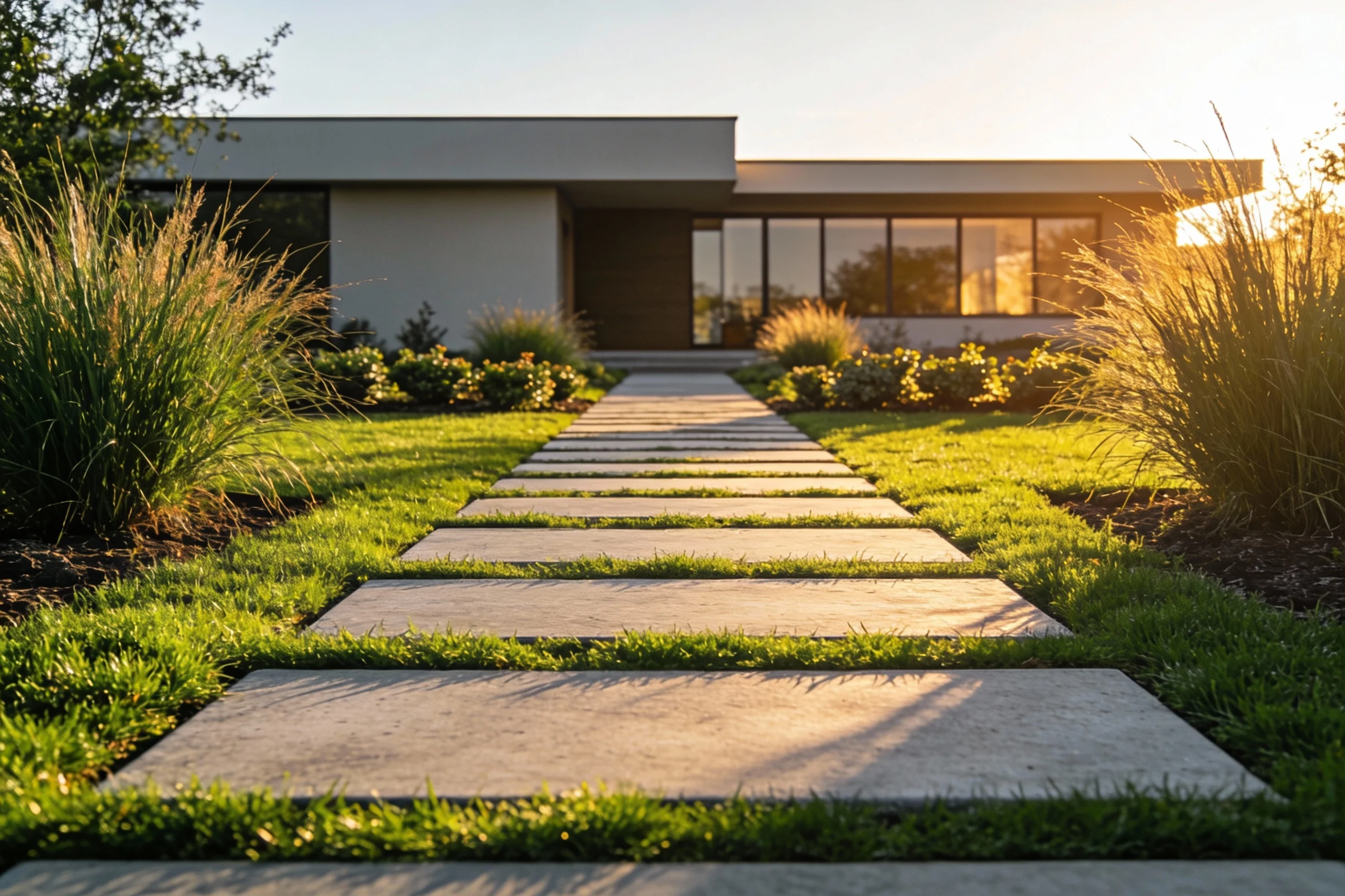 Floating concrete pavers with grass joints in a modern garden