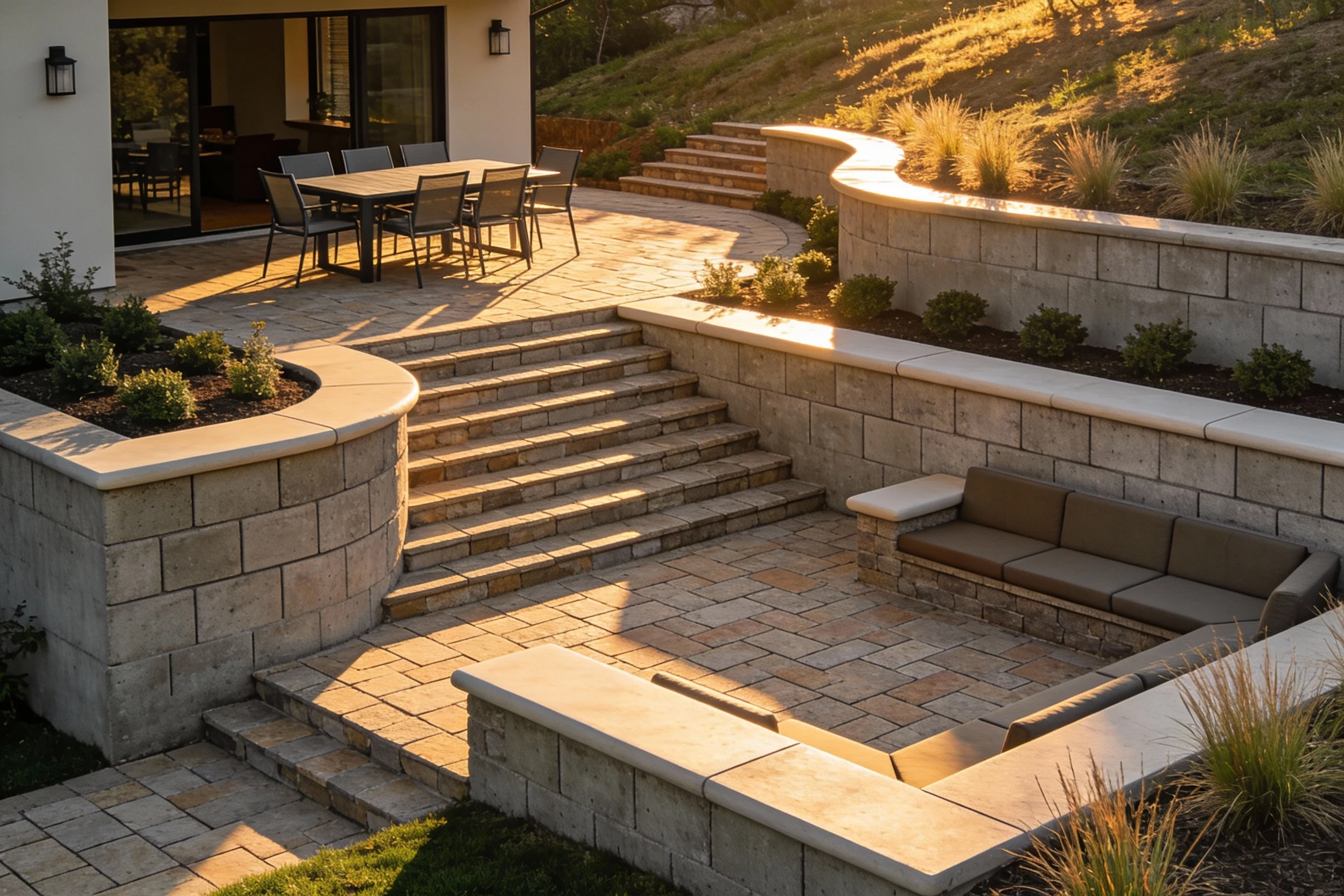 Modern multi-level paver patio with steps and planting
