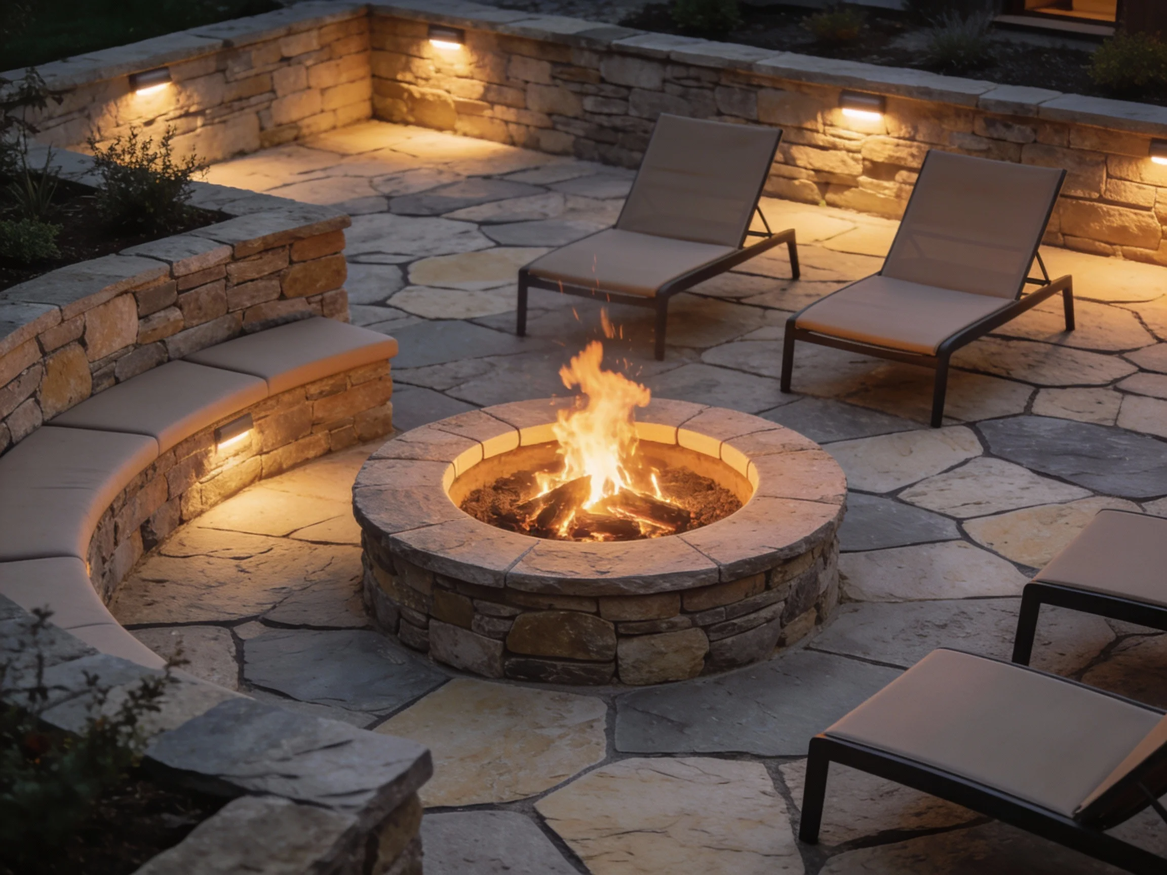 Natural stone patio with fire feature and seating